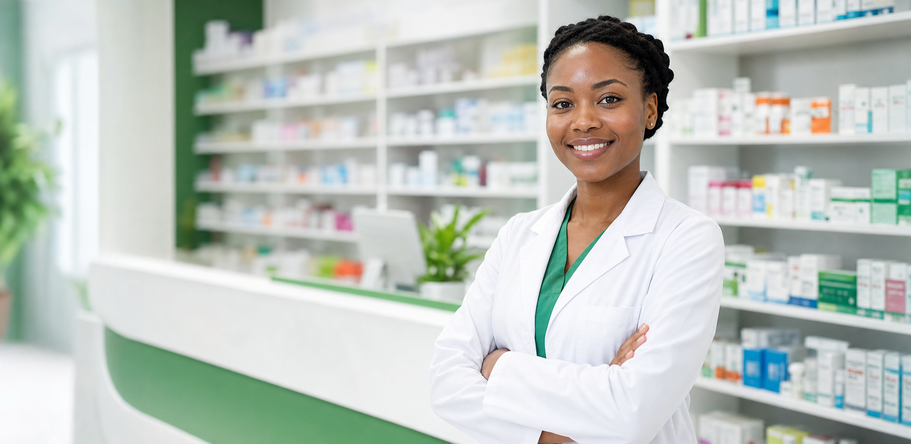 Black African female pharmacist in a modern pharmacy